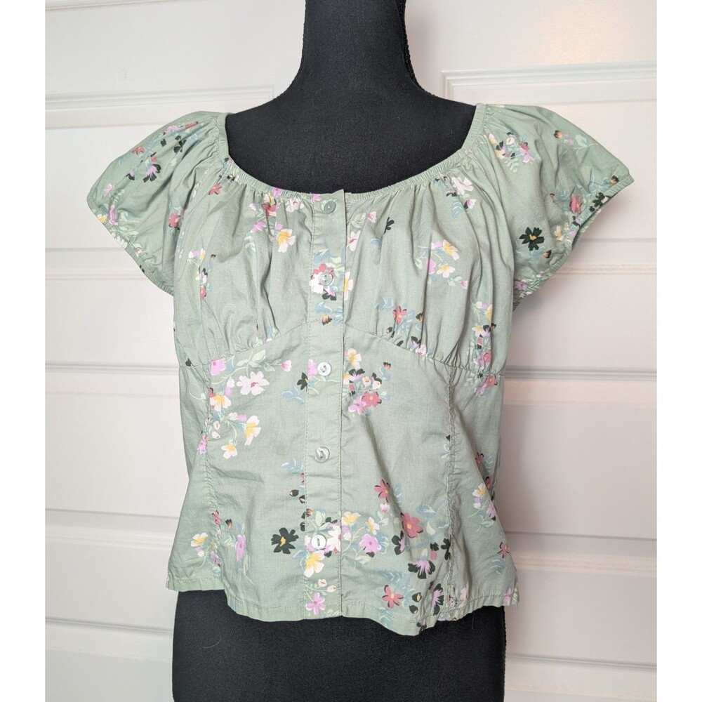 Lucky Brand Size L Blouse Floral Corset Cotton Puff Sleeves Cottage Peasant - Picture 3 of 8